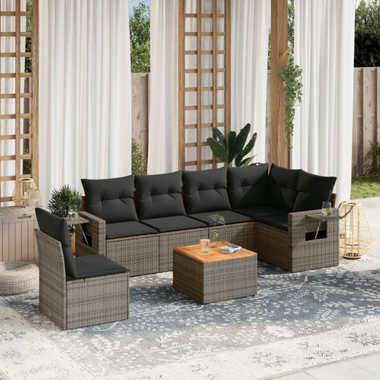 7-tlg. Garten-Sofagarnitur mit Kissen Grau Poly Rattan