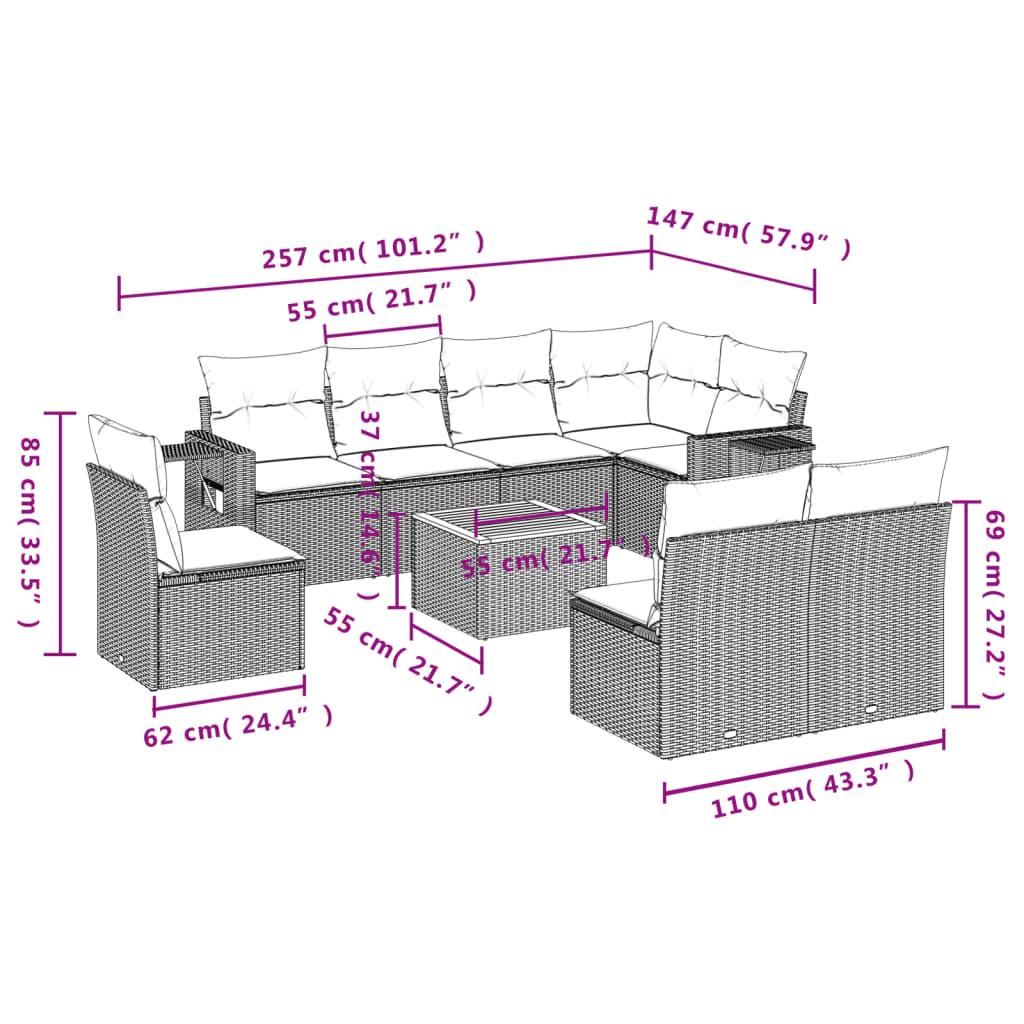 9-tlg. Garten-Sofagarnitur mit Kissen Schwarz Poly Rattan