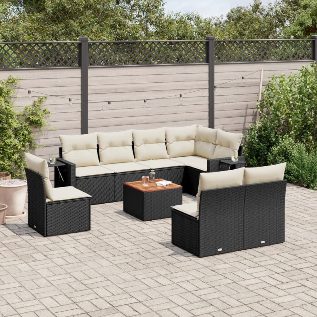 9-tlg. Garten-Sofagarnitur mit Kissen Schwarz Poly Rattan