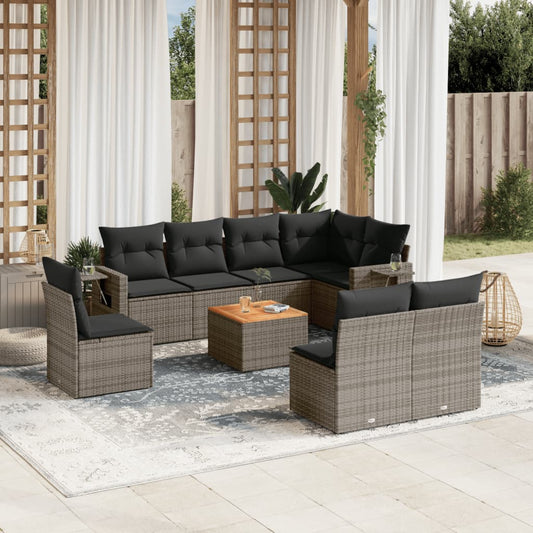 9-tlg. Garten-Sofagarnitur mit Kissen Grau Poly Rattan