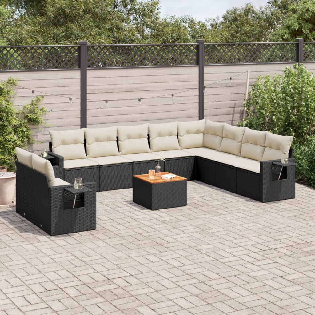 11-tlg. Garten-Sofagarnitur mit Kissen Schwarz Poly Rattan