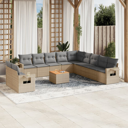 12-tlg. Garten-Sofagarnitur mit Kissen Beige Poly Rattan