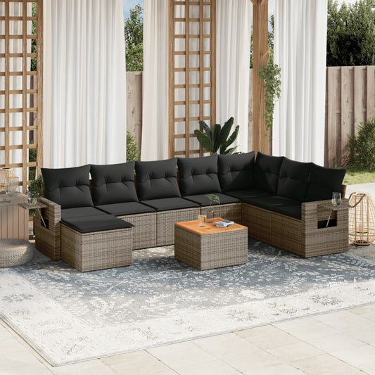 9-tlg. Garten-Sofagarnitur mit Kissen Grau Poly Rattan