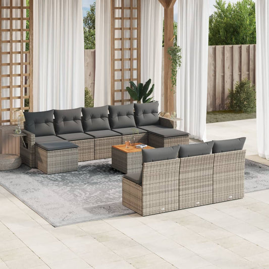 11-tlg. Garten-Sofagarnitur mit Kissen Grau Poly Rattan