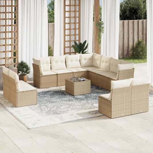 12-tlg. Garten-Sofagarnitur mit Kissen Beige Poly Rattan