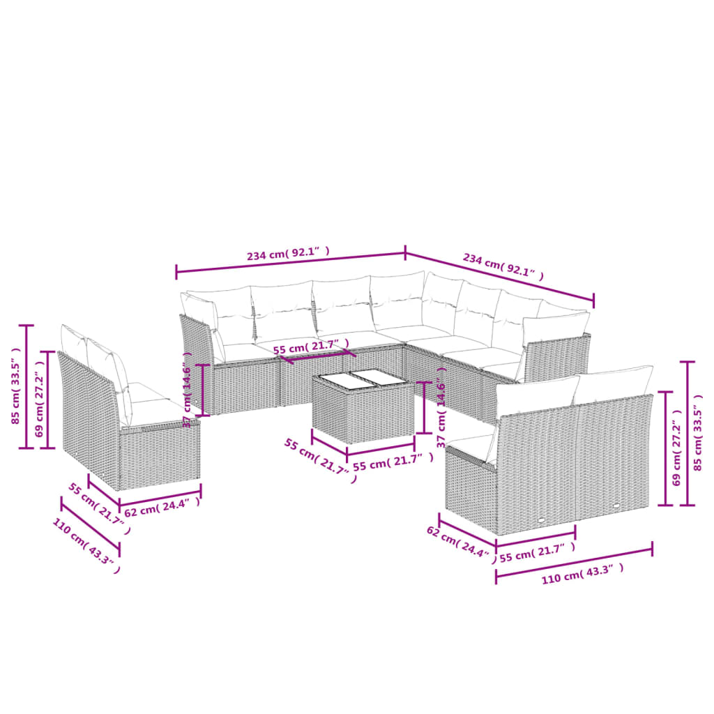 12-tlg. Garten-Sofagarnitur mit Kissen Grau Poly Rattan