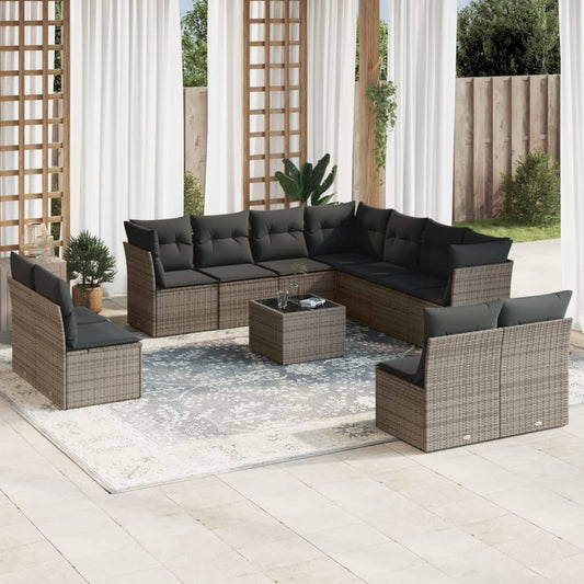 12-tlg. Garten-Sofagarnitur mit Kissen Grau Poly Rattan