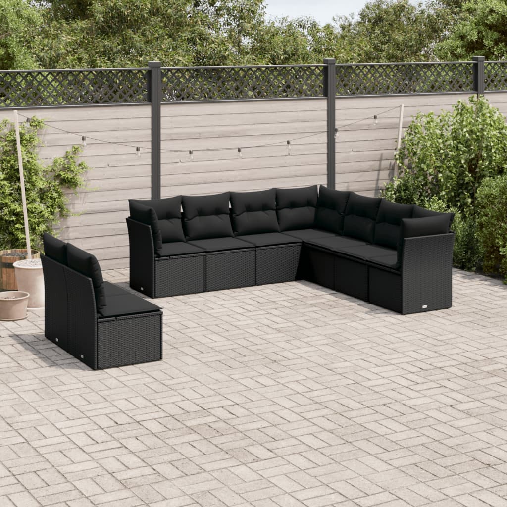 9-tlg. Garten-Sofagarnitur mit Kissen Schwarz Poly Rattan