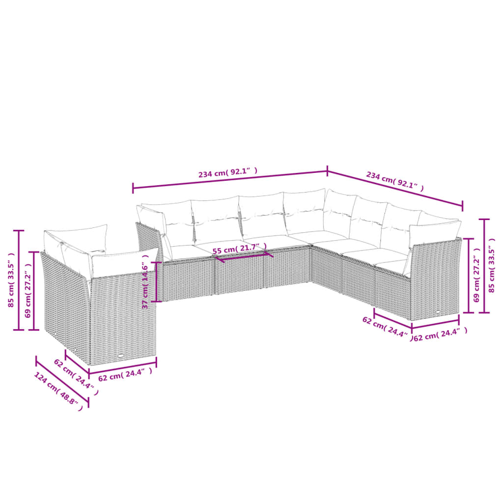 9-tlg. Garten-Sofagarnitur mit Kissen Hellgrau Poly Rattan