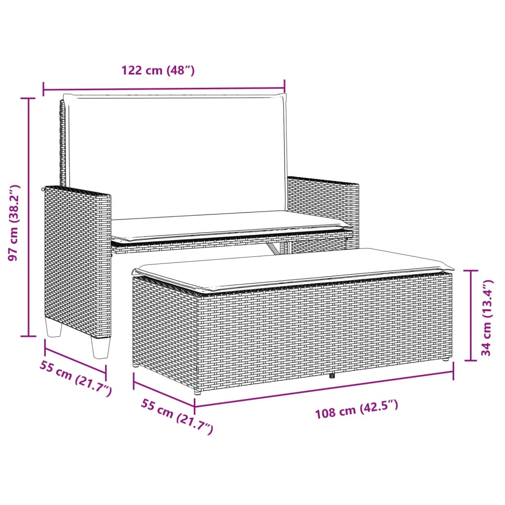 Gartenbank mit Kissen und Hocker Grau Poly Rattan