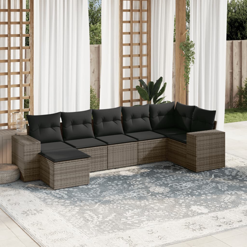 7-tlg. Garten-Sofagarnitur mit Kissen Grau Poly Rattan