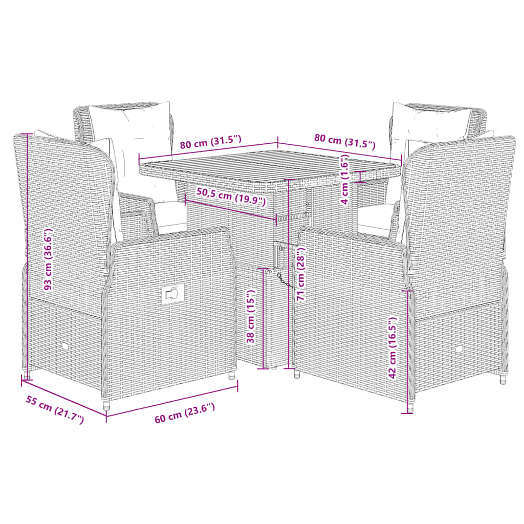 5-tlg. Garten-Essgruppe mit Kissen Beige Poly Rattan