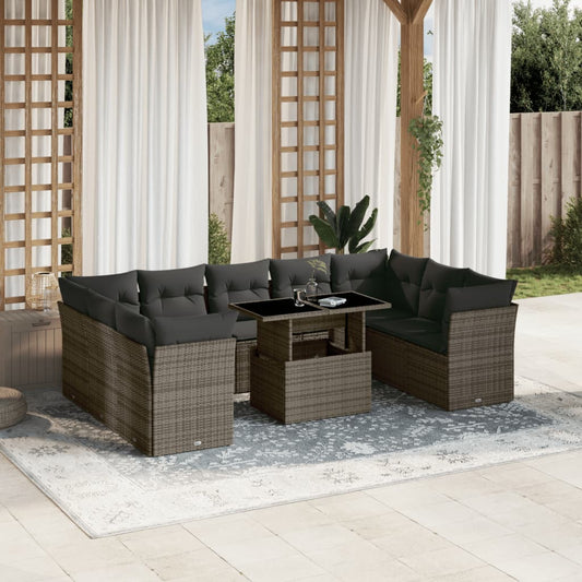 10-tlg. Garten-Sofagarnitur mit Kissen Grau Poly Rattan