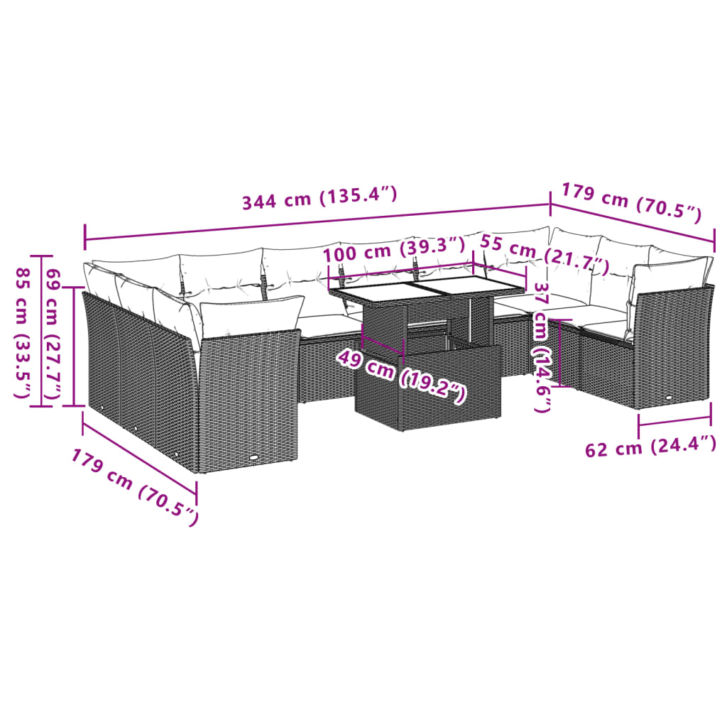 11-tlg. Garten-Sofagarnitur mit Kissen Hellgrau Poly Rattan