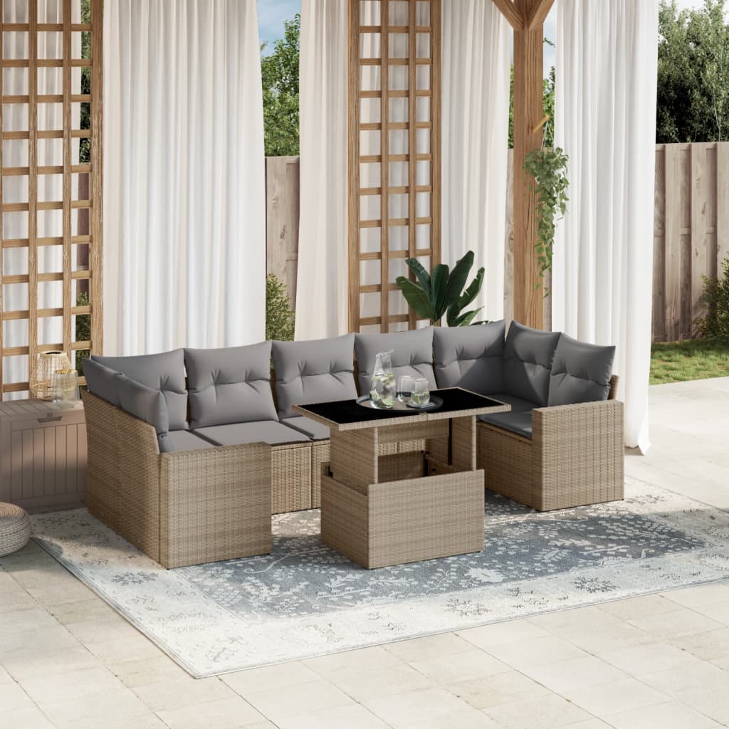 8-tlg. Garten-Sofagarnitur mit Kissen Beige Poly Rattan