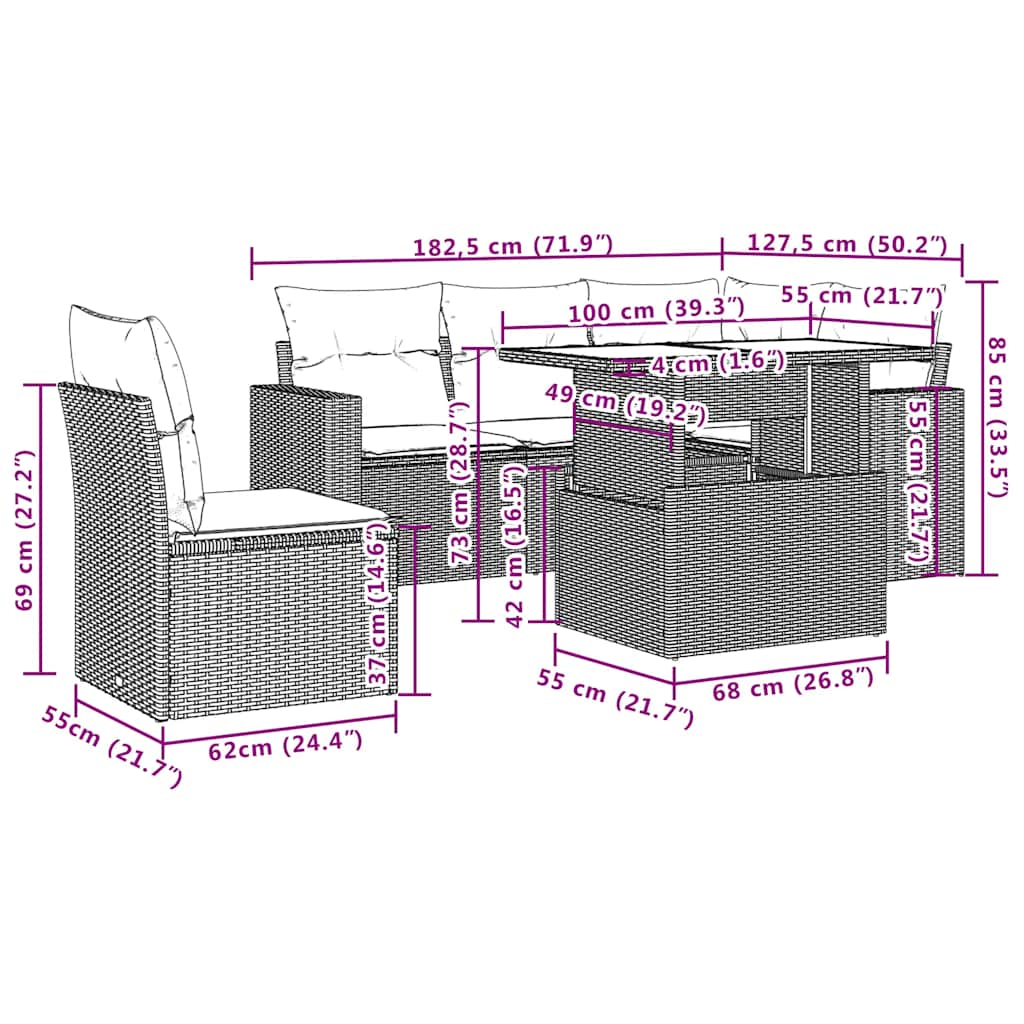 6-tlg. Garten-Sofagarnitur mit Kissen Hellgrau Poly Rattan