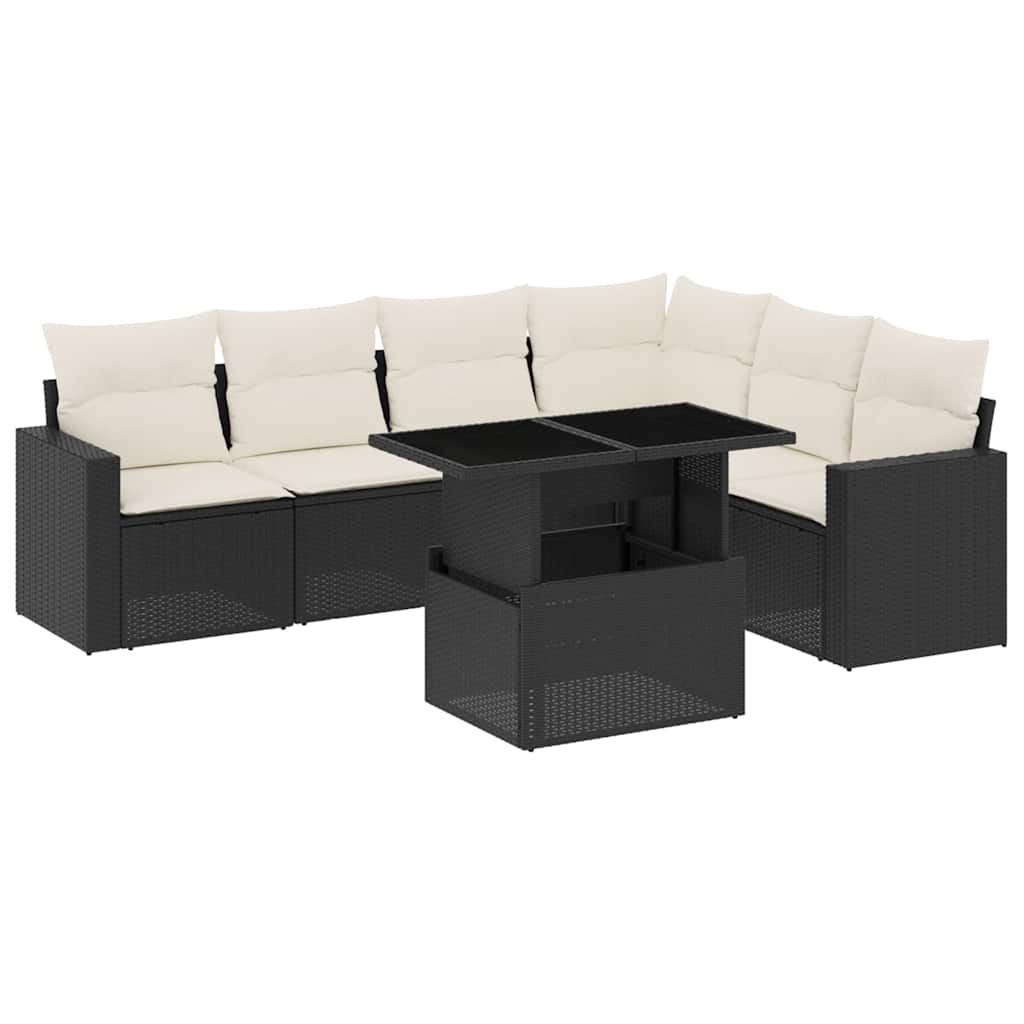 7-tlg. Garten-Sofagarnitur mit Kissen Schwarz Poly Rattan