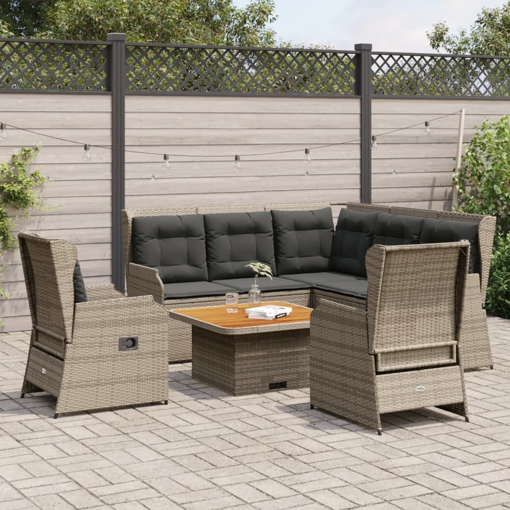 6-tlg. Garten-Lounge-Set mit Kissen Grau Poly Rattan