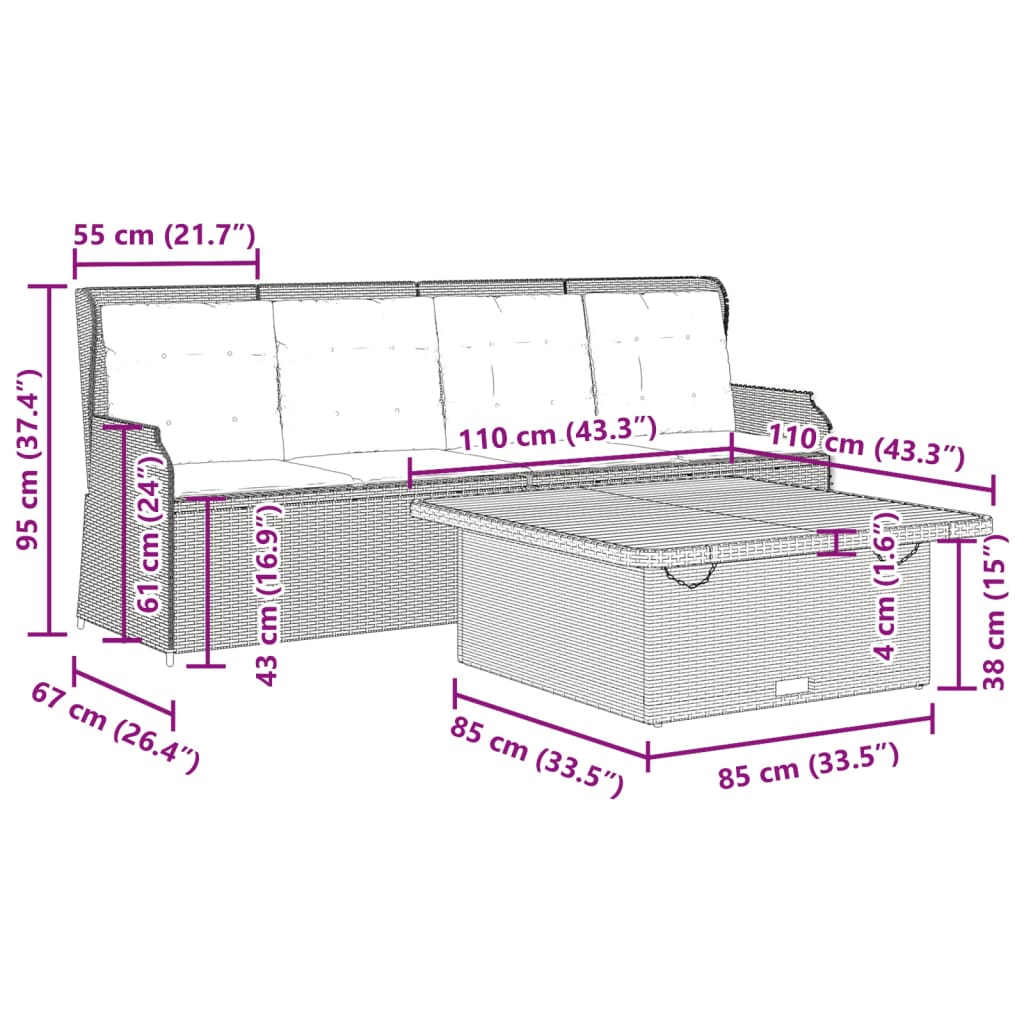 3-tlg. Garten-Sofagarnitur mit Kissen Grau Poly Rattan