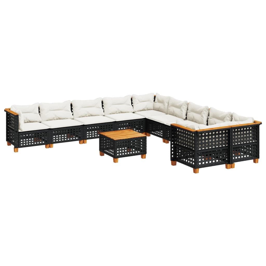 11-tlg. Garten-Sofagarnitur mit Kissen Schwarz Poly Rattan