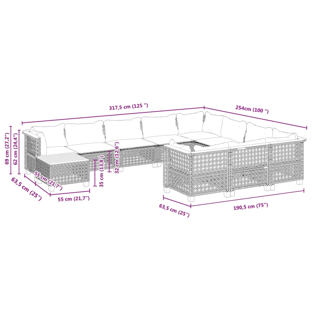 11-tlg. Garten-Sofagarnitur mit Kissen Schwarz Poly Rattan