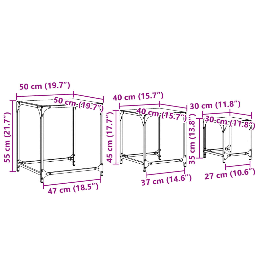 Satztische 3 Stk. mit Glasplatte Transparent Stahl