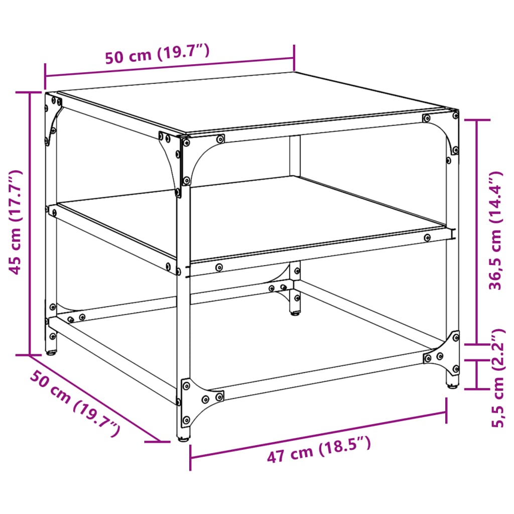 Couchtisch mit Glasplatte Transparent 50x50x45 cm Stahl