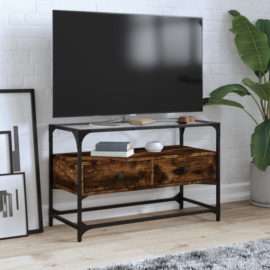 TV-Schrank mit Glasplatte Räuchereiche 80x35x51cm Holzwerkstoff