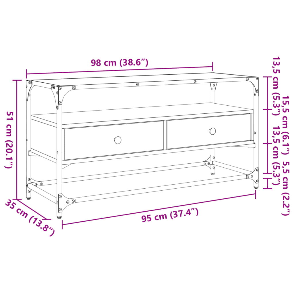 TV-Schrank mit Glasplatte Braun Eiche 98x35x51 cm Holzwerkstoff