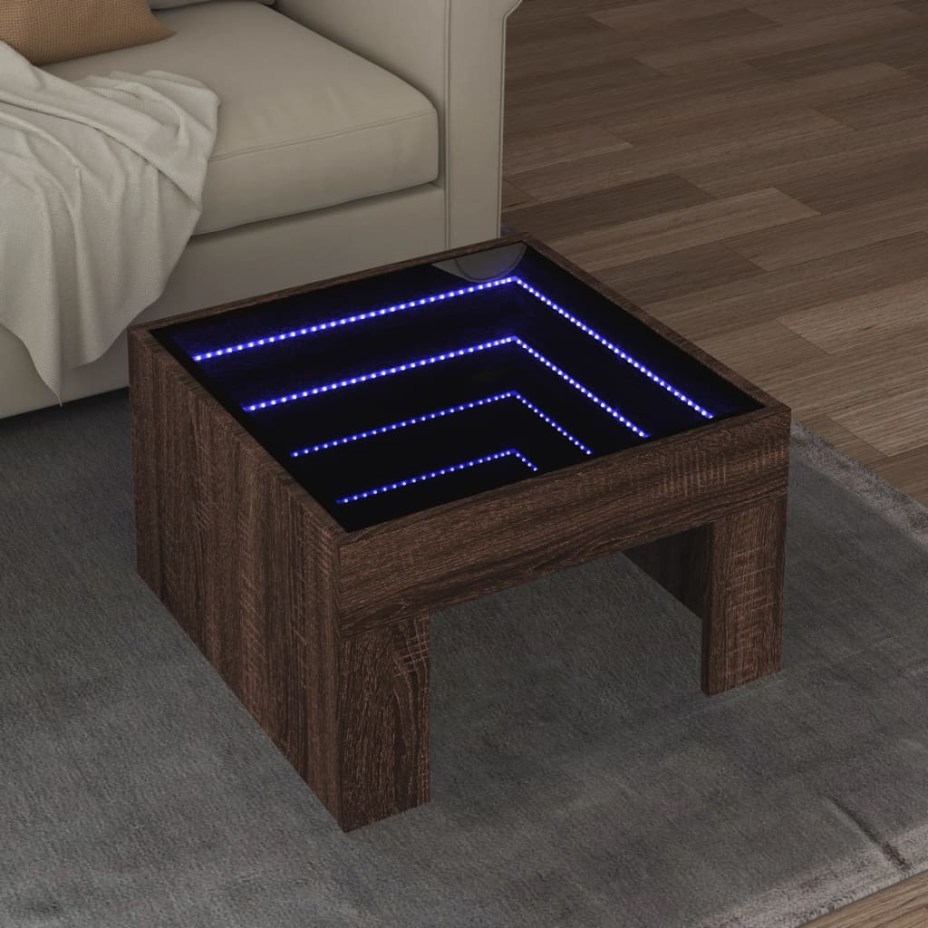 Couchtisch mit Infinity-LED Braun Eichen-Optik 50x50x30 cm