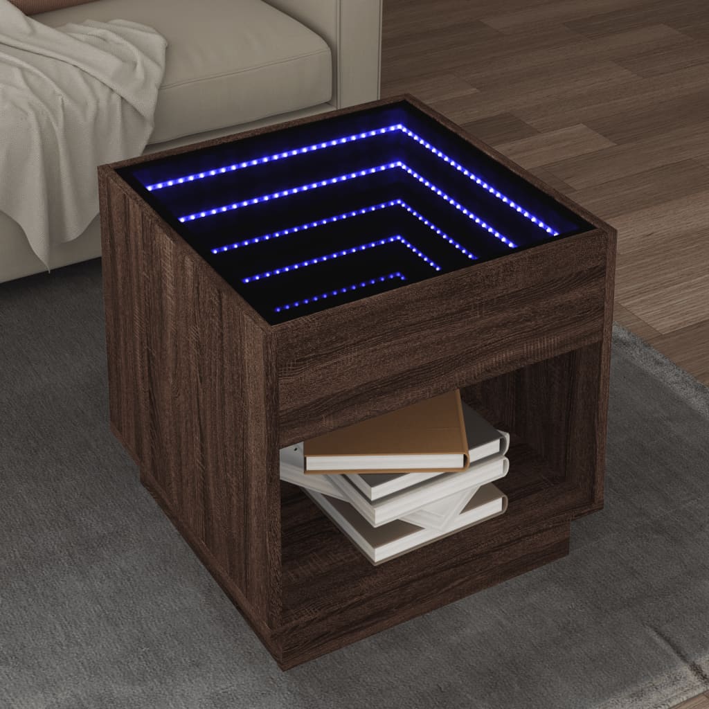 Couchtisch mit Infinity-LED Braun Eichen-Optik 50x50x50 cm