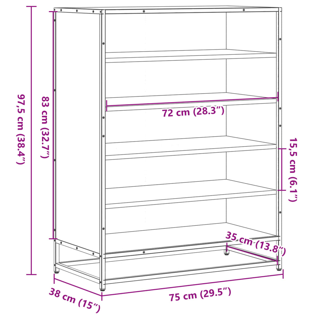 Schuhschrank Räuchereiche 75x38x97,5 cm Holzwerkstoff Metall