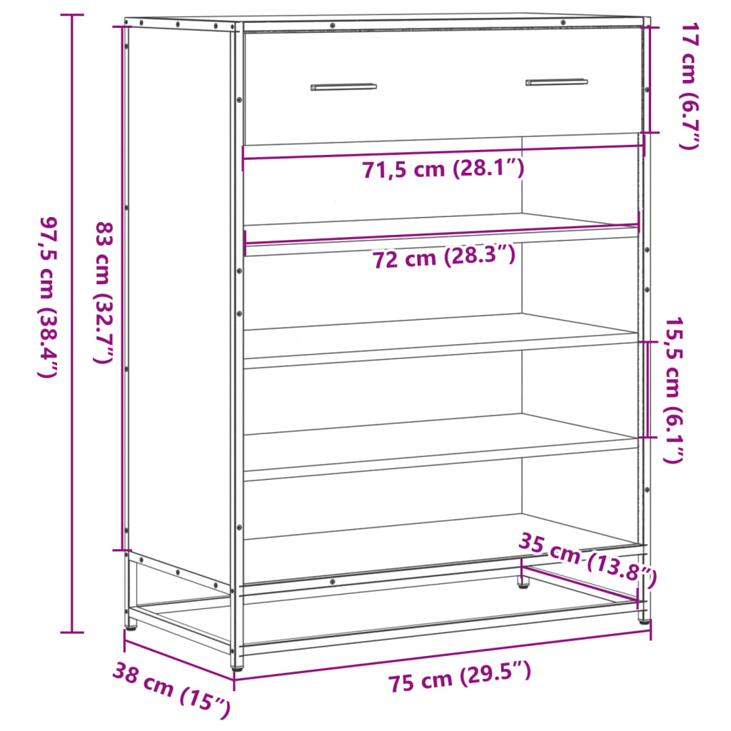 Schuhschrank Grau Sonoma 75x38x97,5 cm Holzwerkstoff Metall