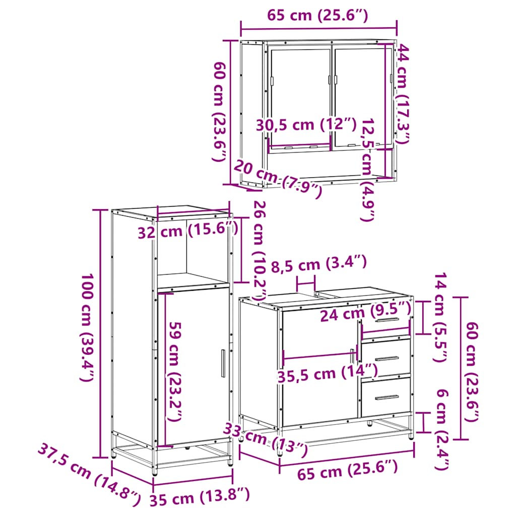 3-tlg. Badmöbel-Set Schwarz Holzwerkstoff