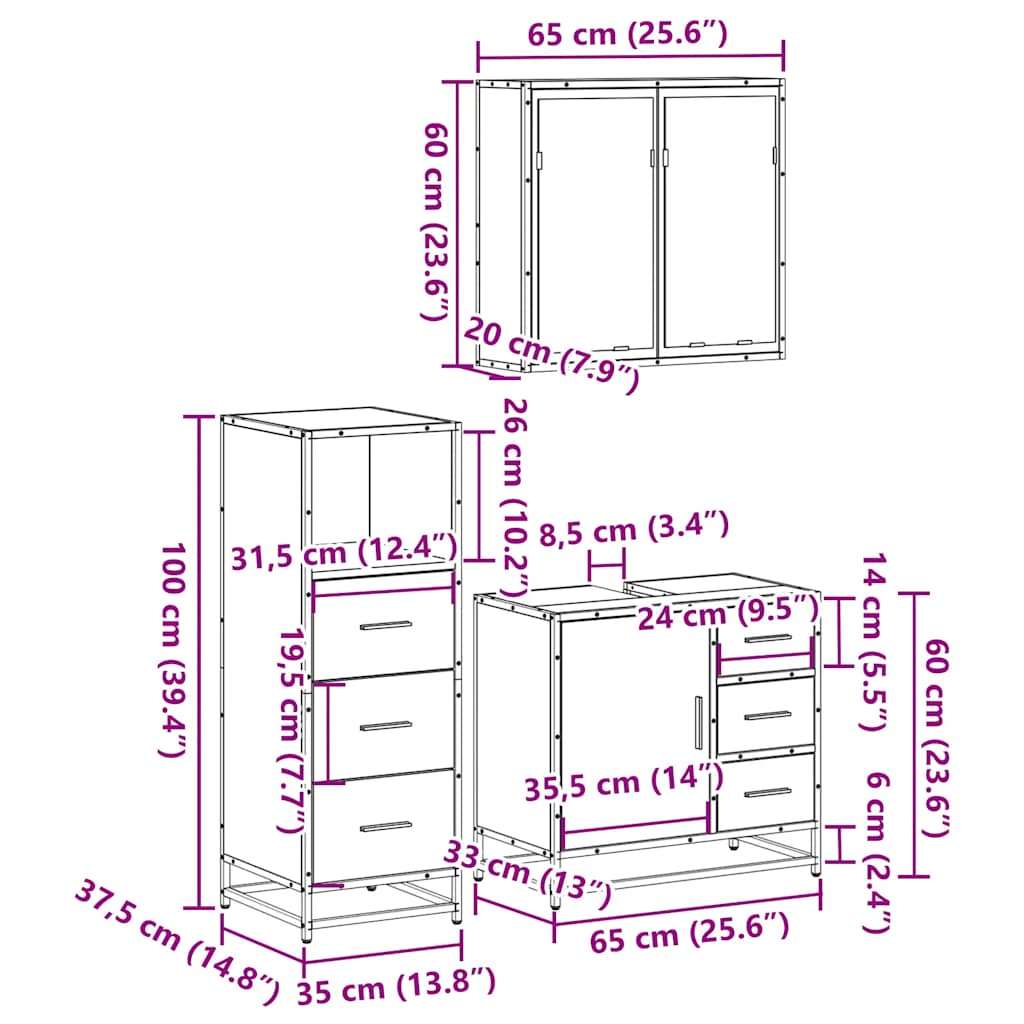 3-tlg. Badmöbel-Set Schwarz Holzwerkstoff