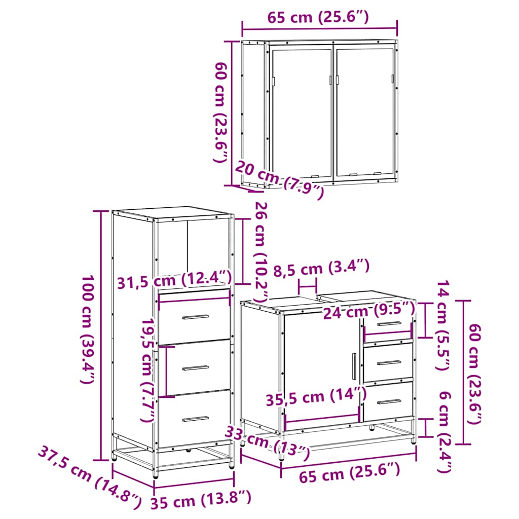 3-tlg. Badmöbel-Set Räuchereiche Holzwerkstoff