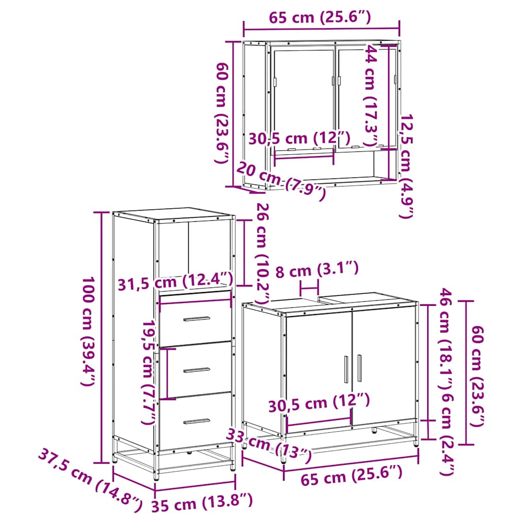 3-tlg. Badmöbel-Set Schwarz Holzwerkstoff