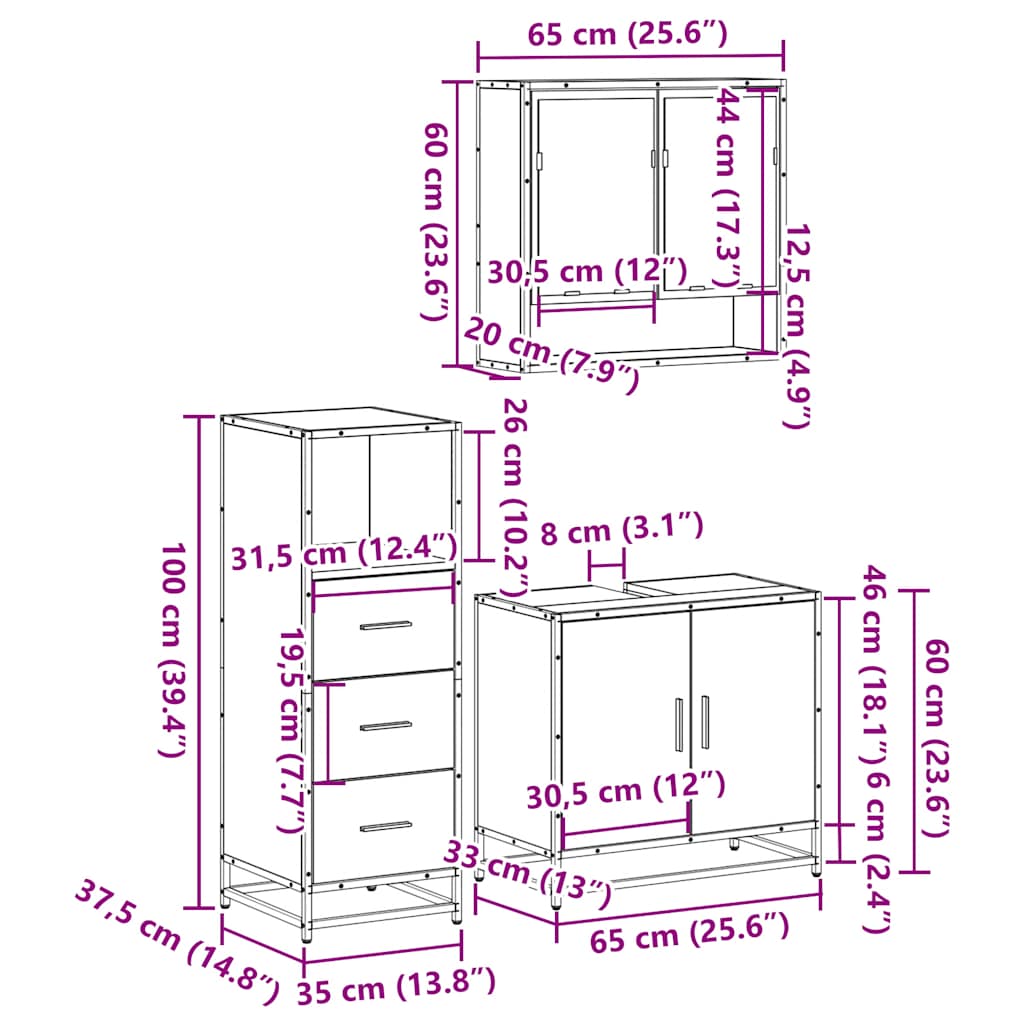 3-tlg. Badmöbel-Set Räuchereiche Holzwerkstoff