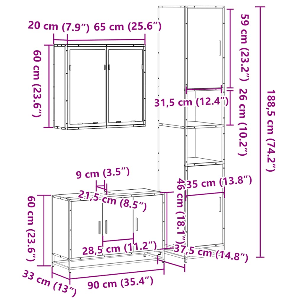 3-tlg. Badmöbel-Set Grau Sonoma Holzwerkstoff