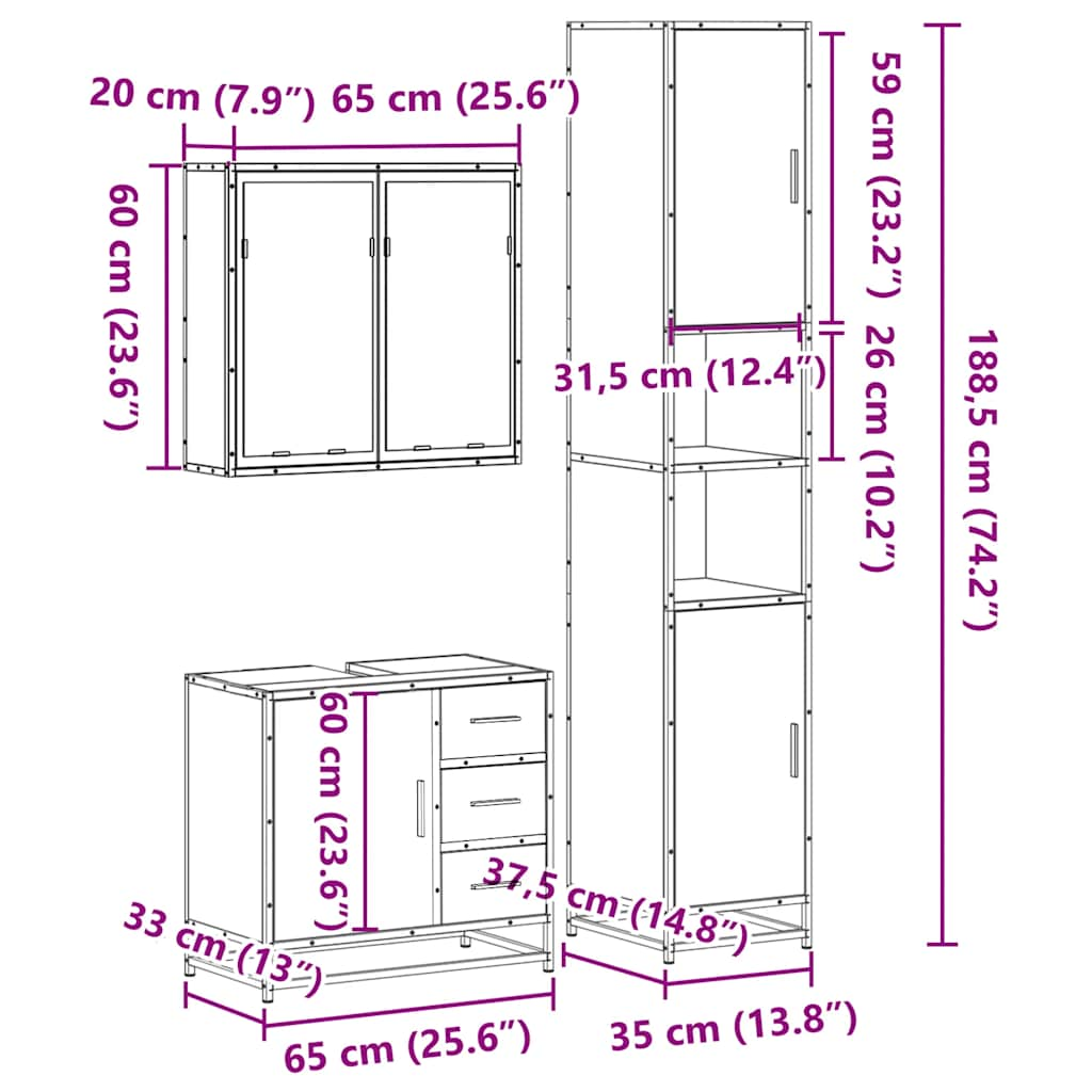 3-tlg. Badmöbel-Set Schwarz Holzwerkstoff