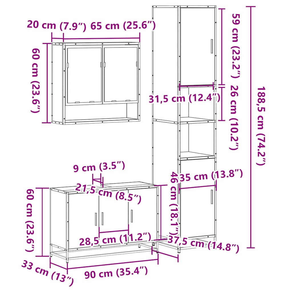 3-tlg. Badmöbel-Set Sonoma-Eiche Holzwerkstoff