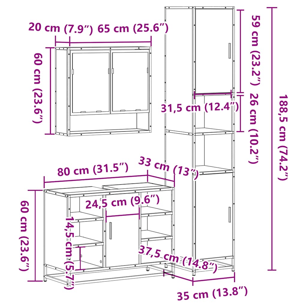 3-tlg. Badmöbel-Set Räuchereiche Holzwerkstoff