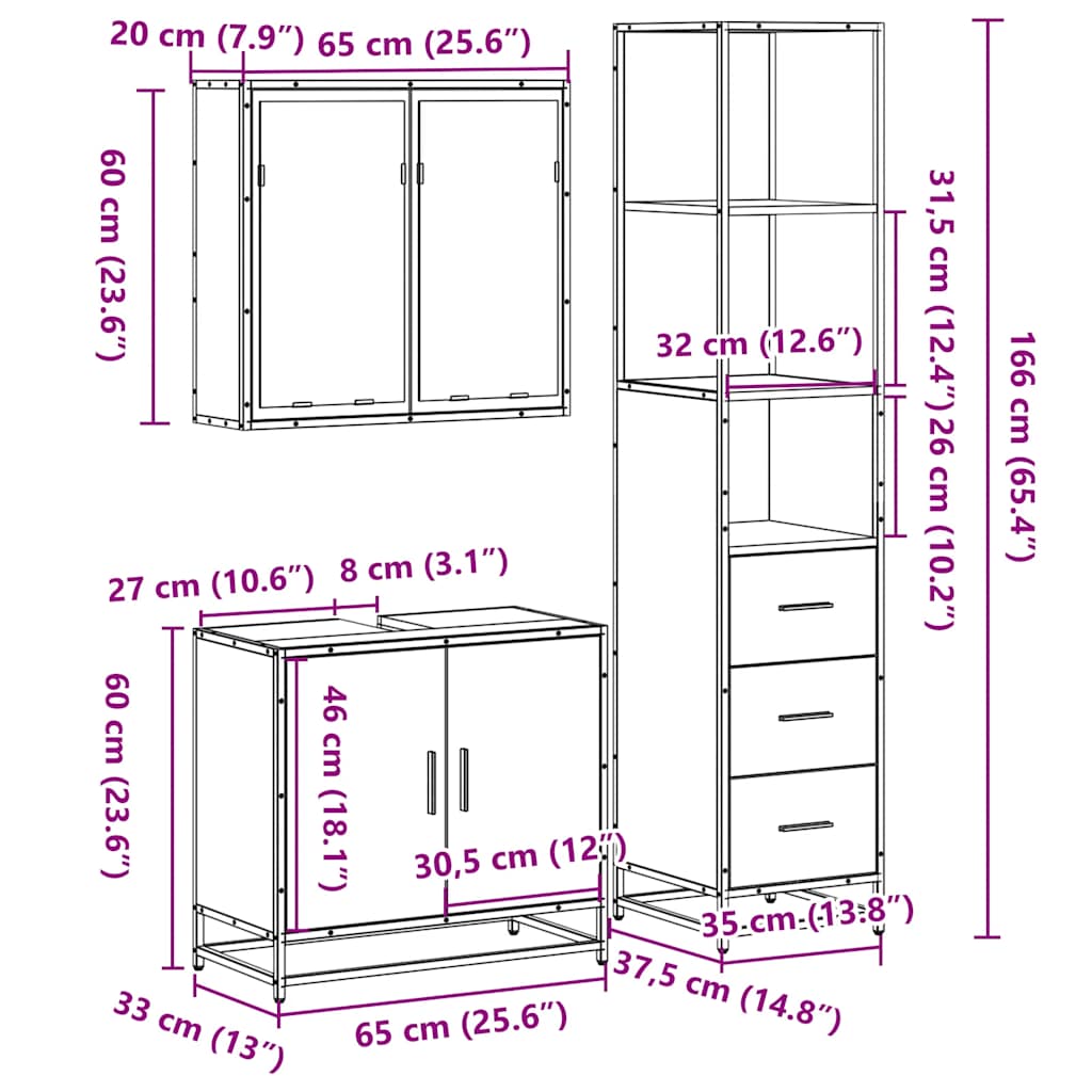 3-tlg. Badmöbel-Set Schwarz Holzwerkstoff