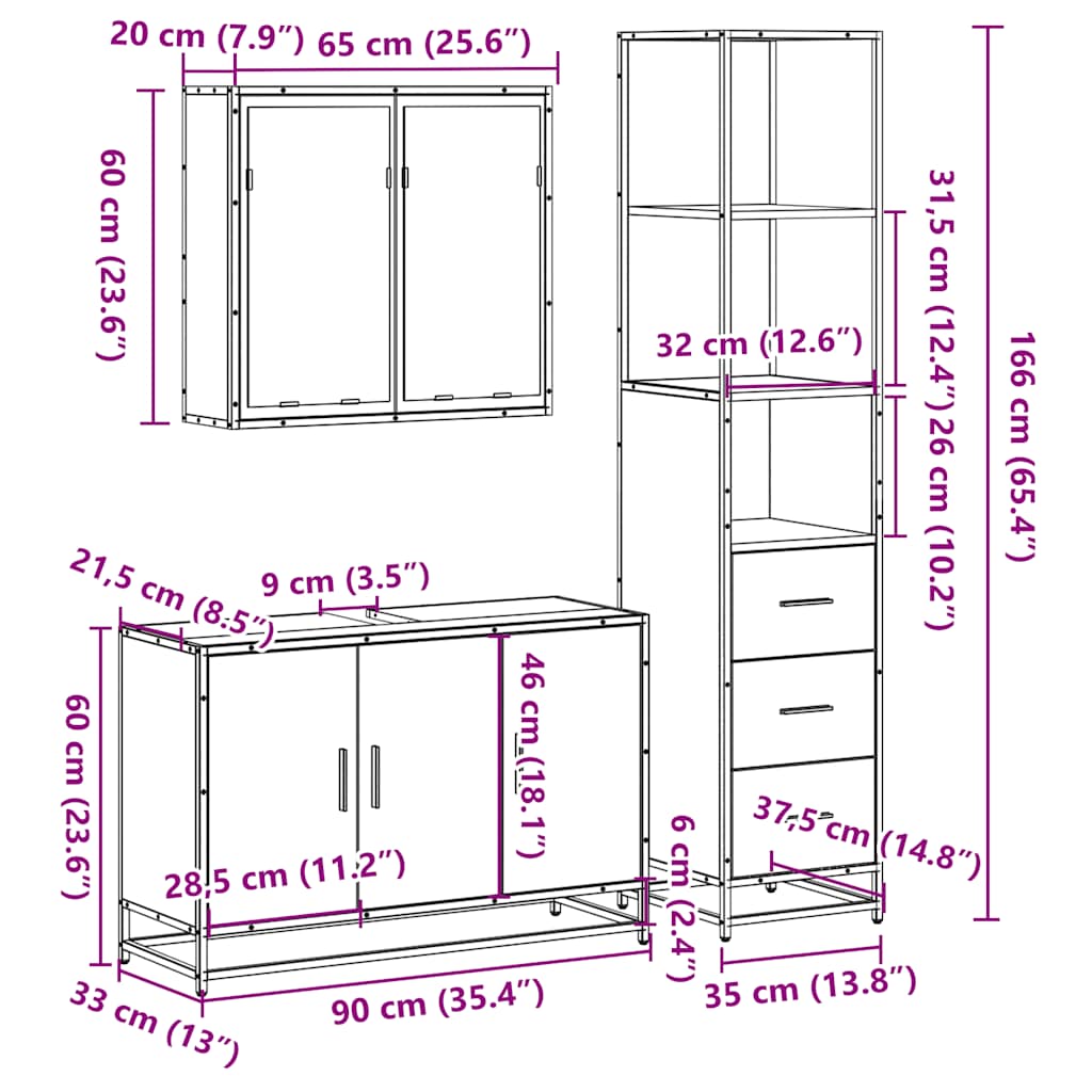 3-tlg. Badmöbel-Set Räuchereiche Holzwerkstoff