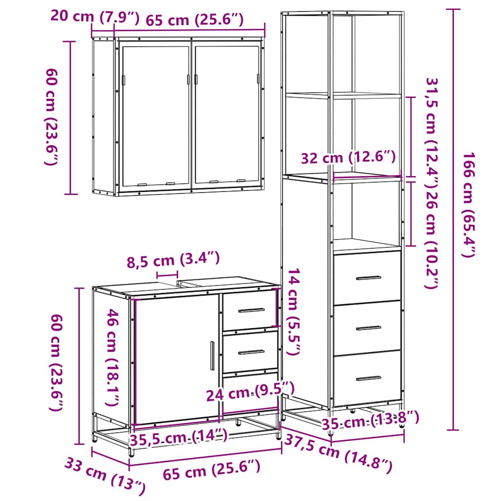 3-tlg. Badmöbel-Set Braun Eichen-Optik Holzwerkstoff