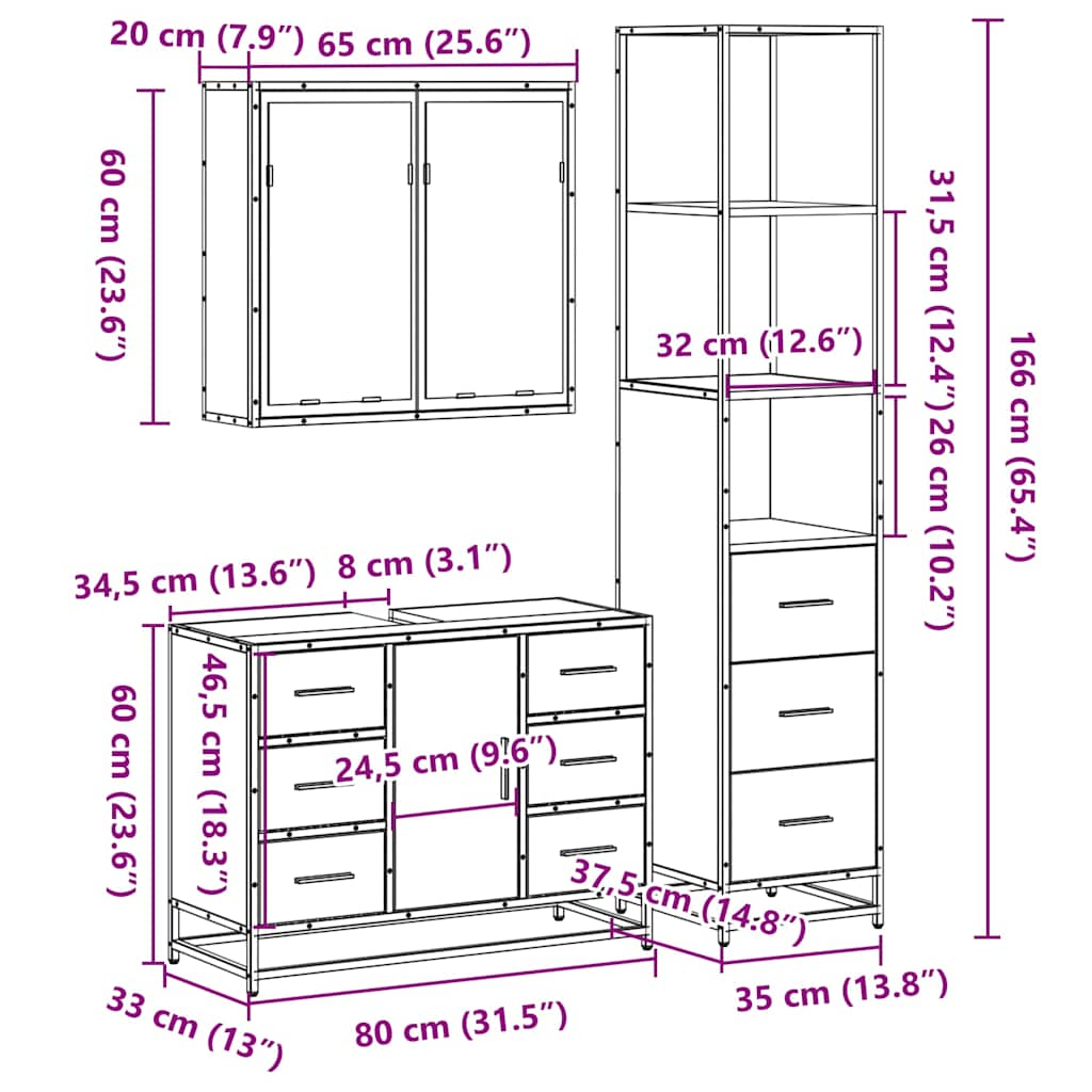 3-tlg. Badmöbel-Set Braun Eichen-Optik Holzwerkstoff