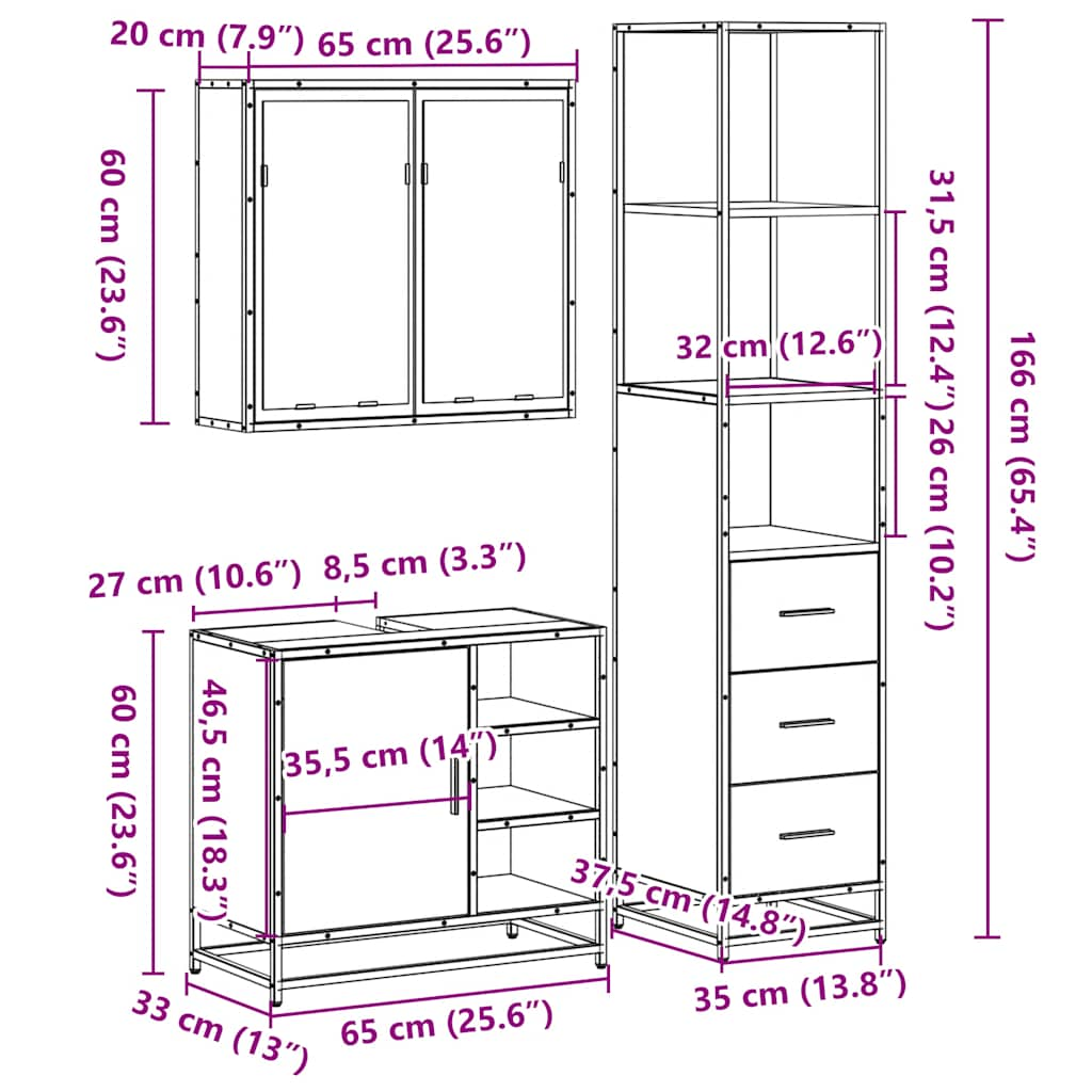 3-tlg. Badmöbel-Set Sonoma-Eiche Holzwerkstoff