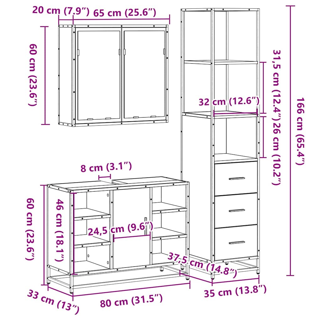 3-tlg. Badmöbel-Set Räuchereiche Holzwerkstoff