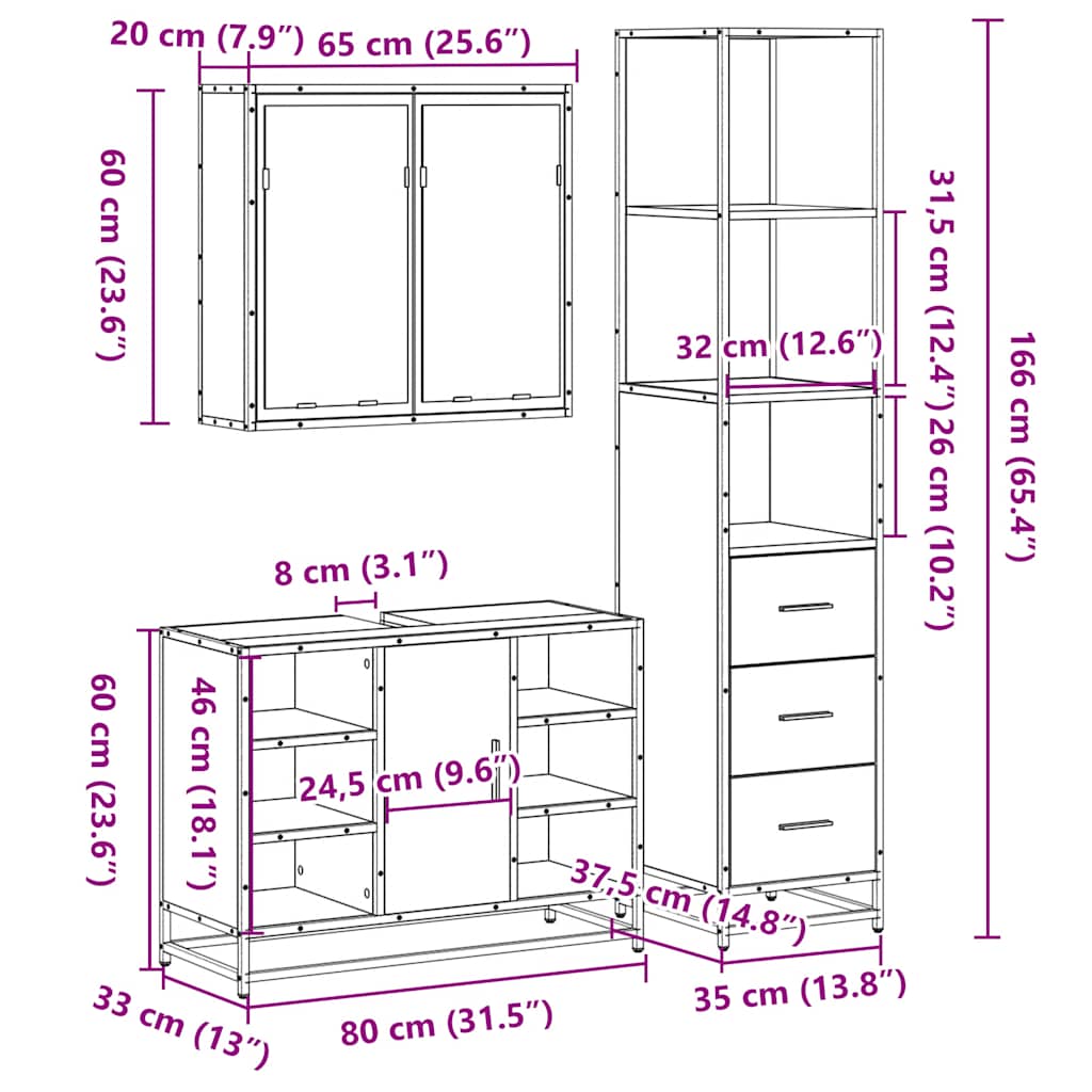 3-tlg. Badmöbel-Set Braun Eichen-Optik Holzwerkstoff