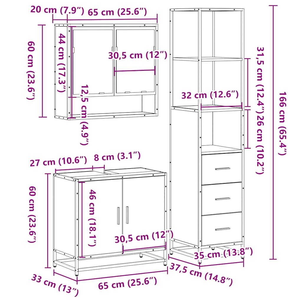 3-tlg. Badmöbel-Set Schwarz Holzwerkstoff